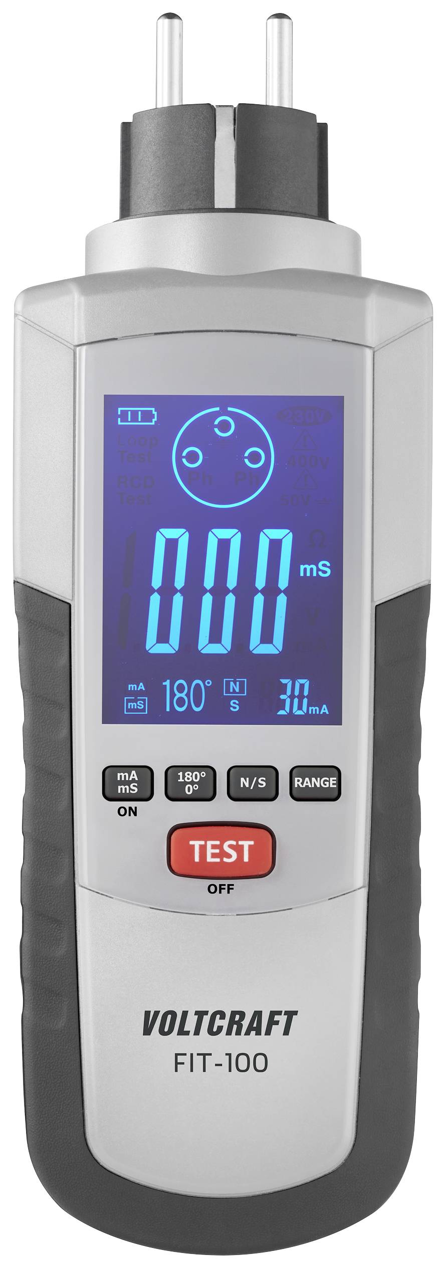 Elektrický skúšací kolík s modrým displejom zobrazuje '000 mS'. Červené tlačidlo je označené nápisom 'TEST'. Model: VOLTCRAFT FIT-100.