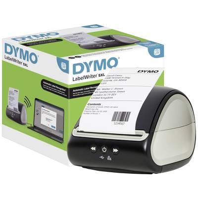 Obal a tlačiareň DYMO LabelWriter 5XL. Tlačiareň práve vytvára expedičný štítok. Obal zobrazuje obrázok tlačiarne.