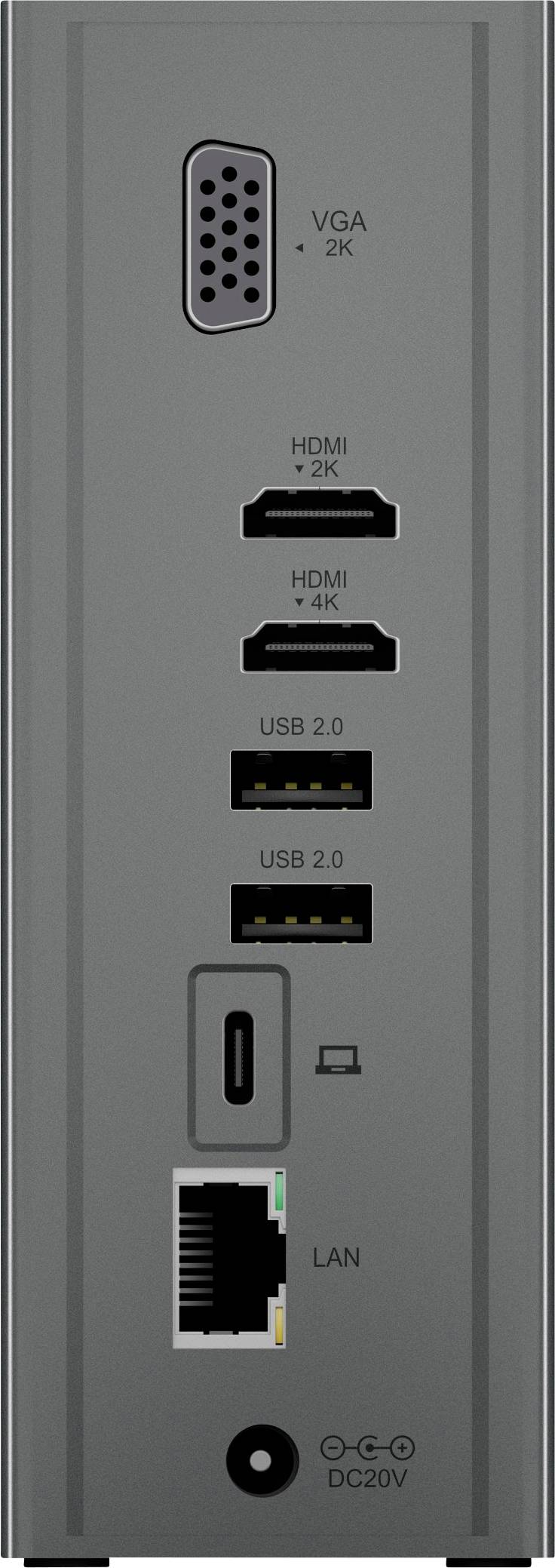 'Zadná strana zariadenia s konektormi: VGA 2K, dva HDMI (až do 4K), dva USB 2.0, LAN, USB-C a napájací konektor.'