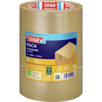 Rolka kancelárskeho páska tesa pack standard z papiera určená na utesnenie balíkov s obrázkom škatule a špecifikáciami ako šírka 50 mm a dĺžka 50 m.
