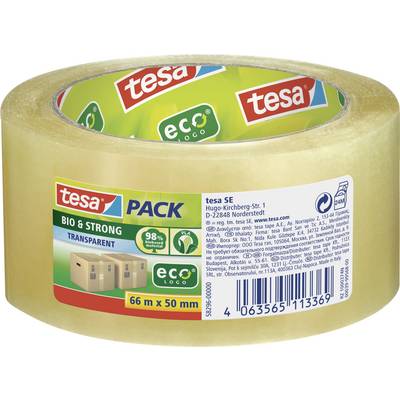 Priehľadná rolka baliaceho lepiacej pásky značky 'tesa'. Nápis 'BIO & STRONG', 'ecoLogo', 66 m x 50 mm, vyrobená z 98% recyklovaného materiálu.