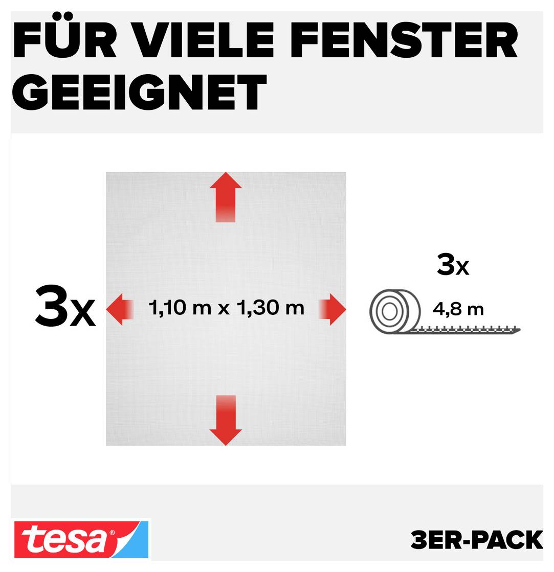 Reklamná grafika pre "tesa" 3-balenie: vhodné pre mnoho okien; zobrazuje 3x okno 1,10 m x 1,30 m a 3x rolka 4,8 m.