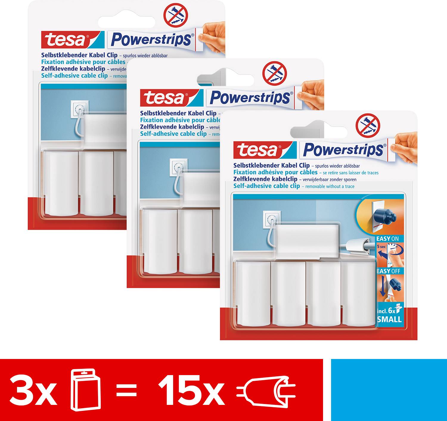 'Tri balenia tesa Powerstrips samolepiace káblové svorky, v každom balení päť svoriek, celkovo 15 svoriek. Zobrazené pri elektrickej zásuvke na stene.'