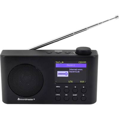 Čierne prenosné rádio s anténou. Na displeji je zobrazené 'Bayern 1' a internetová adresa. Ovládacie tlačidlá sú na prednej strane.
