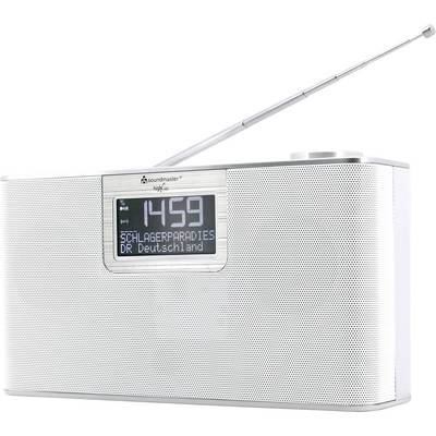Strieborné digitálne rádio s výsuvnou anténou zobrazuje čas '14:59' a stanicu 'Schlagerparadies DR Deutschland' na displeji.