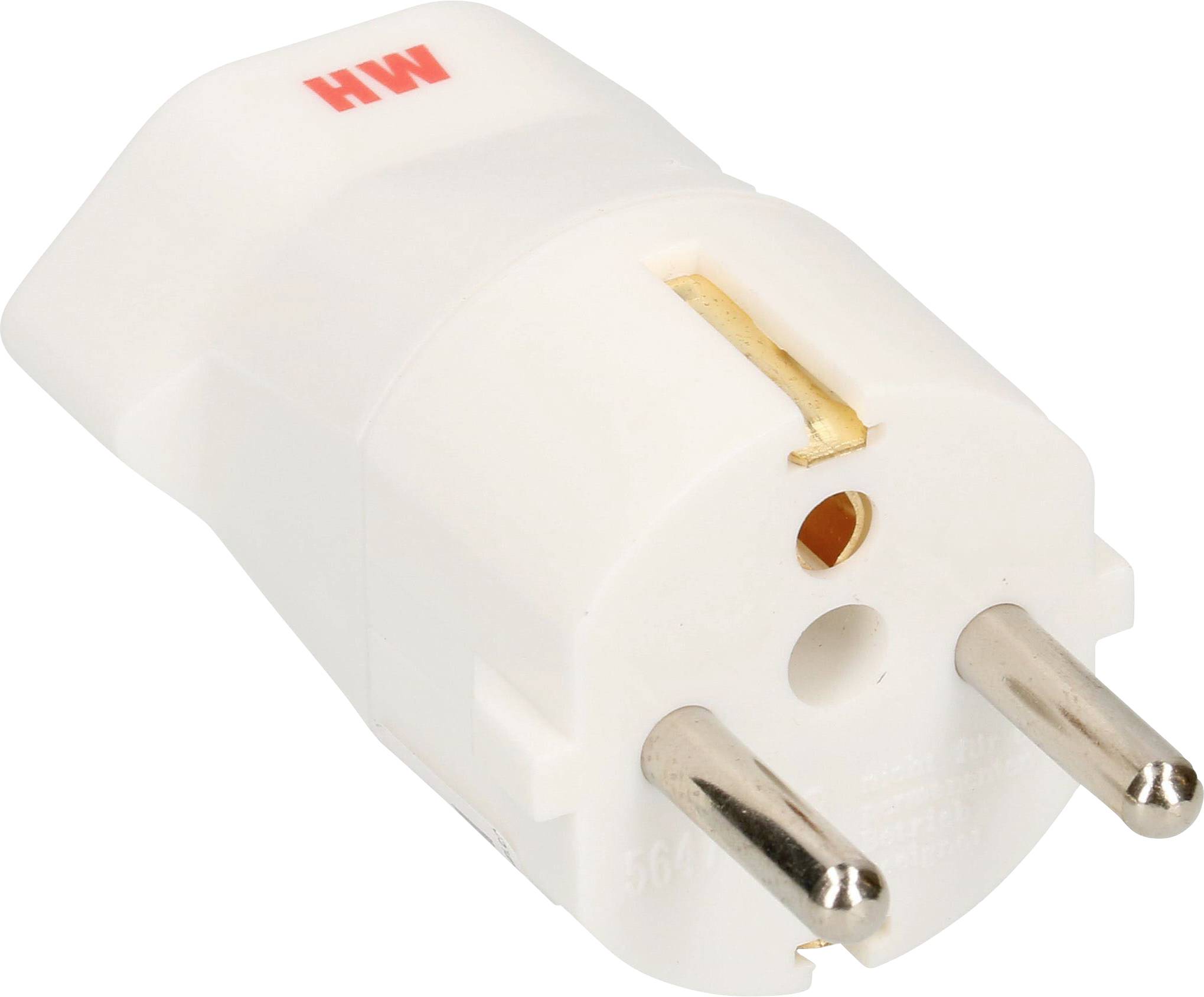 Biely adaptérový konektor s dvoma okrúhlymi kovovými kolíkmi, užitočný pre elektrické pripojenia v určitých formátoch zásuviek.