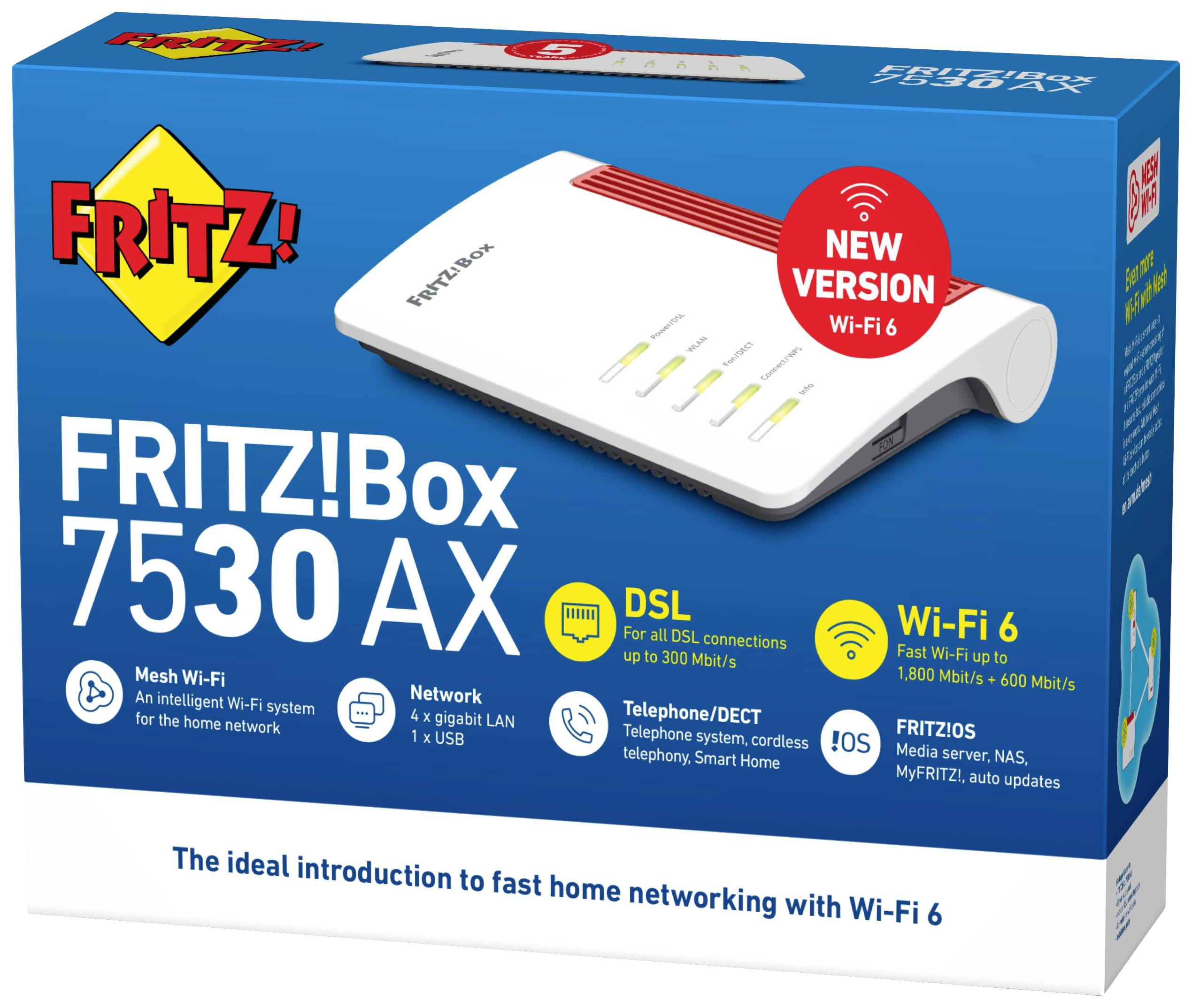 Fritz!Box 7530 AX, biela s červenými akcentmi. Podporuje DSL a Wi-Fi 6. Obsahuje 4 gigabitové LAN porty. Ideálna pre domáce siete.