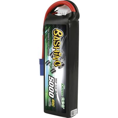 Akumulátor v obdĺžnikovom puzdre s nápisom 'Bashing 5000 mAh 60C', vhodný pre modelárske vozidlá. Obsahuje pripájacie káble.