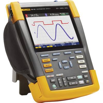 Prenosný osciloskop zobrazuje dve vlnové formy. Kanál A: 34,2 V. Kanál B: 4,06 kHz. Ovládací panel prístroja s rôznymi tlačidlami.
