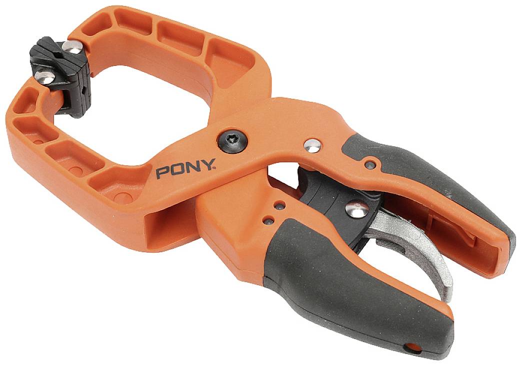 Oranžová plastová svorka s čiernou rukoväťou a nápisom 'PONY'.