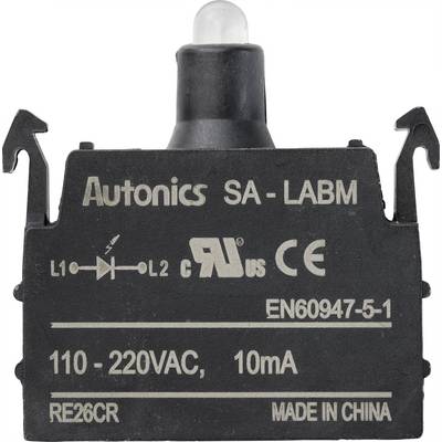 Čierny prepínač s označením: 'Autonics SA-LABM', napätie '110-220VAC', prúd '10mA', a 'Vyrobené v Číne'.