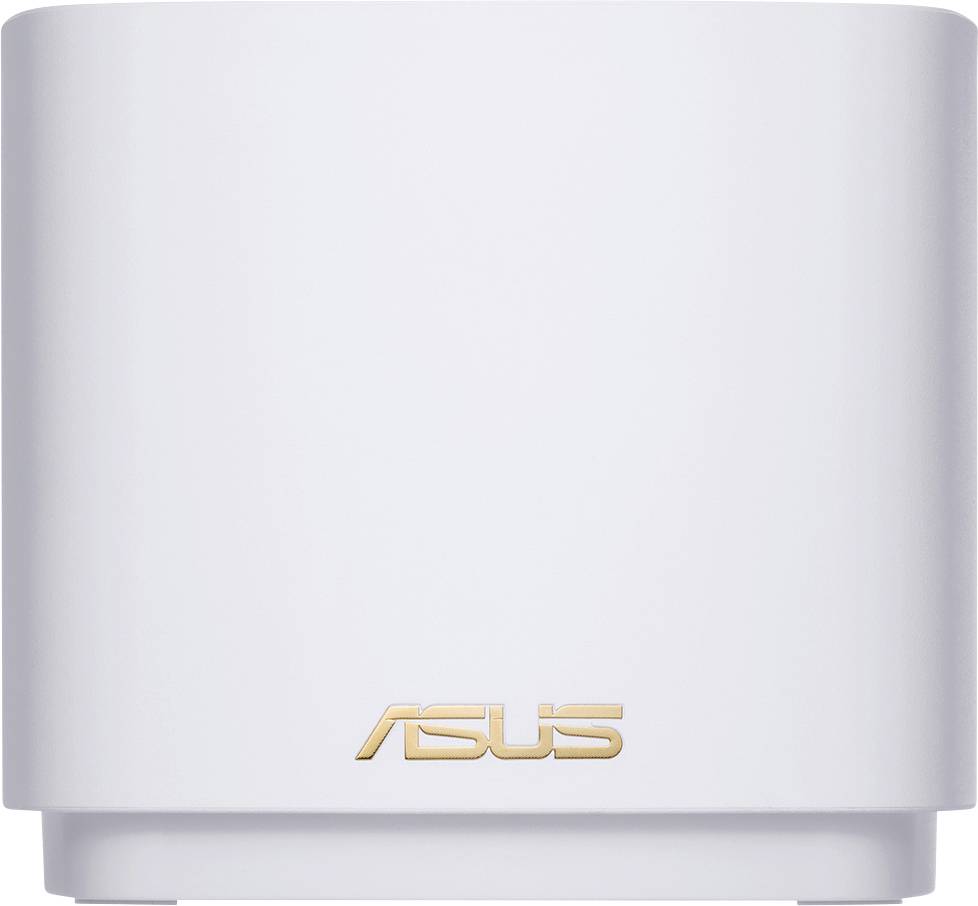 Biely Wi-Fi router značky Asus s mierne oblým predným panelom a logom zlatej farby.