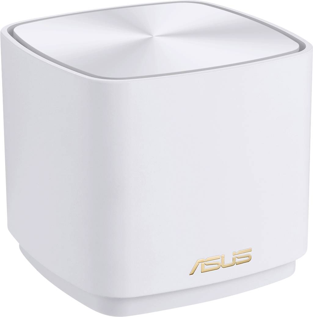 Štvorcový, biely router so zaoblenými rohmi a zlatým logom známej značky na prednej strane.