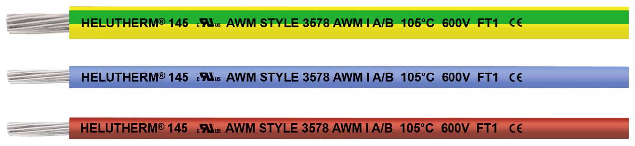 Tri Helutherm® 145 káble: žlto-zelený, modrý a červený, každý s potlačou AWM STYLE 3578, vhodné pre 105°C, 600V, FT1.