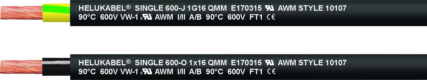 Dva čierne káble s červeným vodičom; nápis: 'HELUKABEL SINGLE 600-V 1x16 90°C 600V VW-1 FT1 CE E170315 AVM STYLE 10107'.