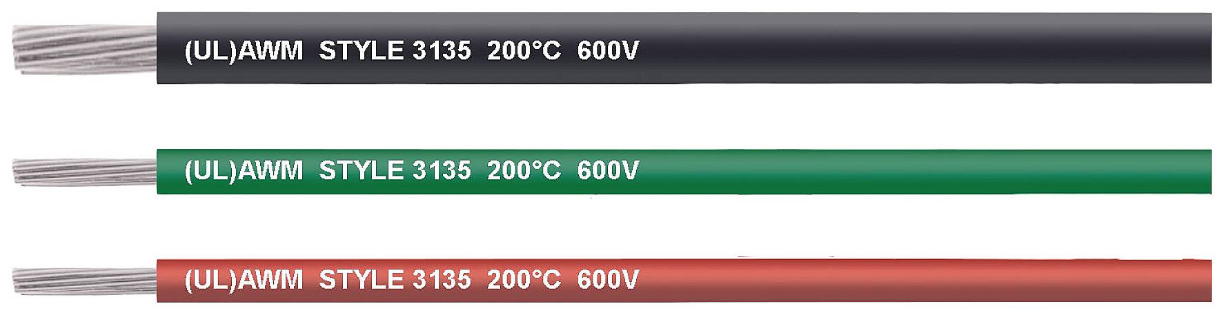 Tri káble s označením '(UL) AWM STYLE 3135 200°C 600V' v čiernej, zelenej a červenej farbe.