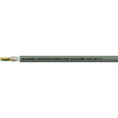 Kábel s nápisom: 'HELUKABEL SUPER PAAR-TRONIC-C-PUR 8x2x0.14mm² 300 V'. Kábel zobrazuje farebné vnútorné vodiče.