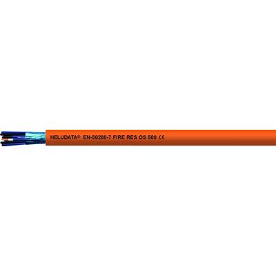 Oranžový kábel s vnútorným vedením v čiernej a modrej farbe. Nápis: 'HELUDATA® EN50399 FIRE RES 05 600 C'.
