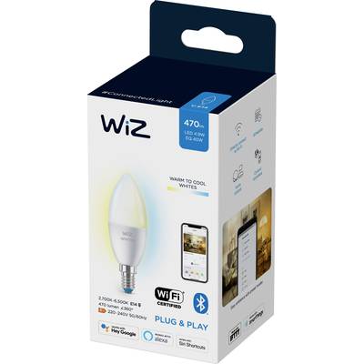 Balenie pre LED žiarovku WiZ, ktoré ukazuje kompatibilitu s WiFi a ovládanie prostredníctvom aplikácie. K dispozícii v rôznych odtieňoch bielej.