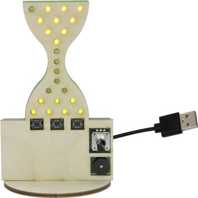 Drevené presýpacie hodiny s žltými svietiacimi LED a USB káblom. Tri tlačidlá a otočný ovládač na základni riadia displej.