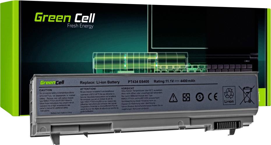 Batéria notebooku značky Green Cell leží pred obalom. Na batérii sú uvedené technické detaily, ako napätie a kapacita.