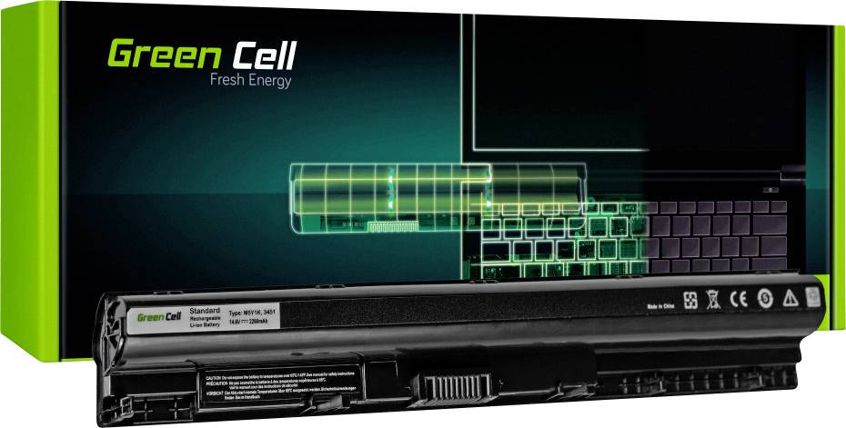 Zelená batéria na čiernom pozadí s nápisom 'Green Cell Fresh Energy'. V pozadí je rozpoznateľný notebook.