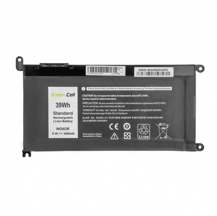 Nabíjateľná lítiovo-iónová batéria s 39Wh, 11,4V a 36Wh. Obsahuje výstražné upozornenia a symboly pre recykláciu a zákaz likvidácie.