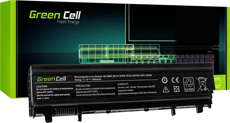 Náhradná batéria pre laptop 'Green Cell', dobíjateľná. Označenie modelu a bezpečnostné opatrenia na obale.