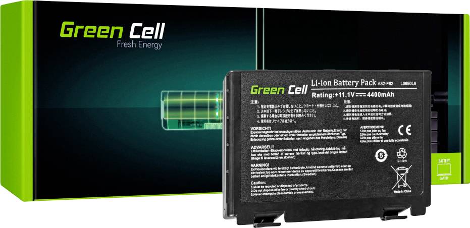 Zelený obal s nápisom 'Green Cell' a lítium-iónovou batériou s technickými parametrami: 11,1V a 4400mAh.