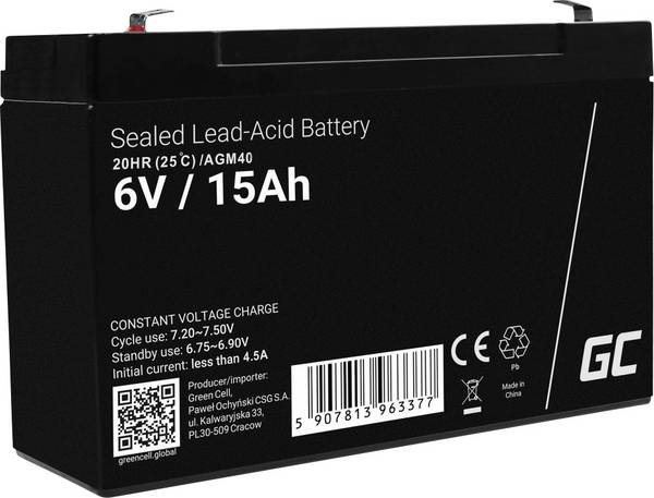 Green Cell Green Cell - Alarmsystem-Batterie - Bleisäure AGM40 olovený akumulátor 6 V 15 Ah olovený so skleneným rúnom (š x v x h) 151 x 100 x 94 mm plochý konektor 6,35 mm  odolné proti viacerým cyklom, bezúdržbová