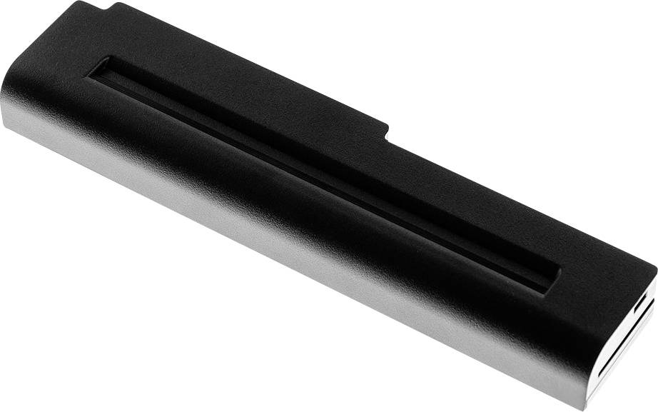 Čierny laptop batériu valcovitého tvaru, špeciálne vyvinutý pre laptopy Lenovo, leží na bielom povrchu.