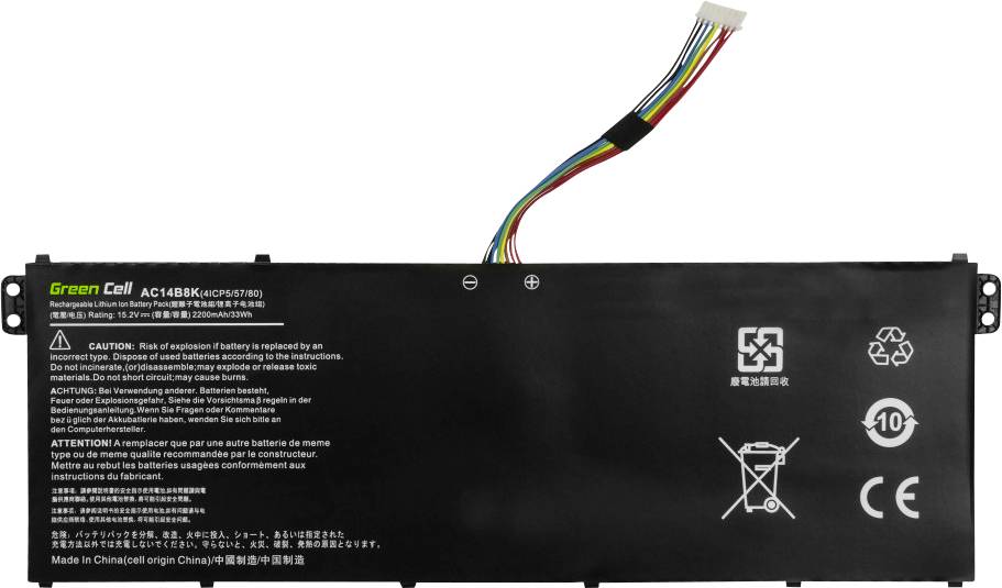 Čierny laptop batéria s niekoľkými farebnými káblami na vrchu. Na batérii sú zobrazené bezpečnostné a recyklačné informácie.