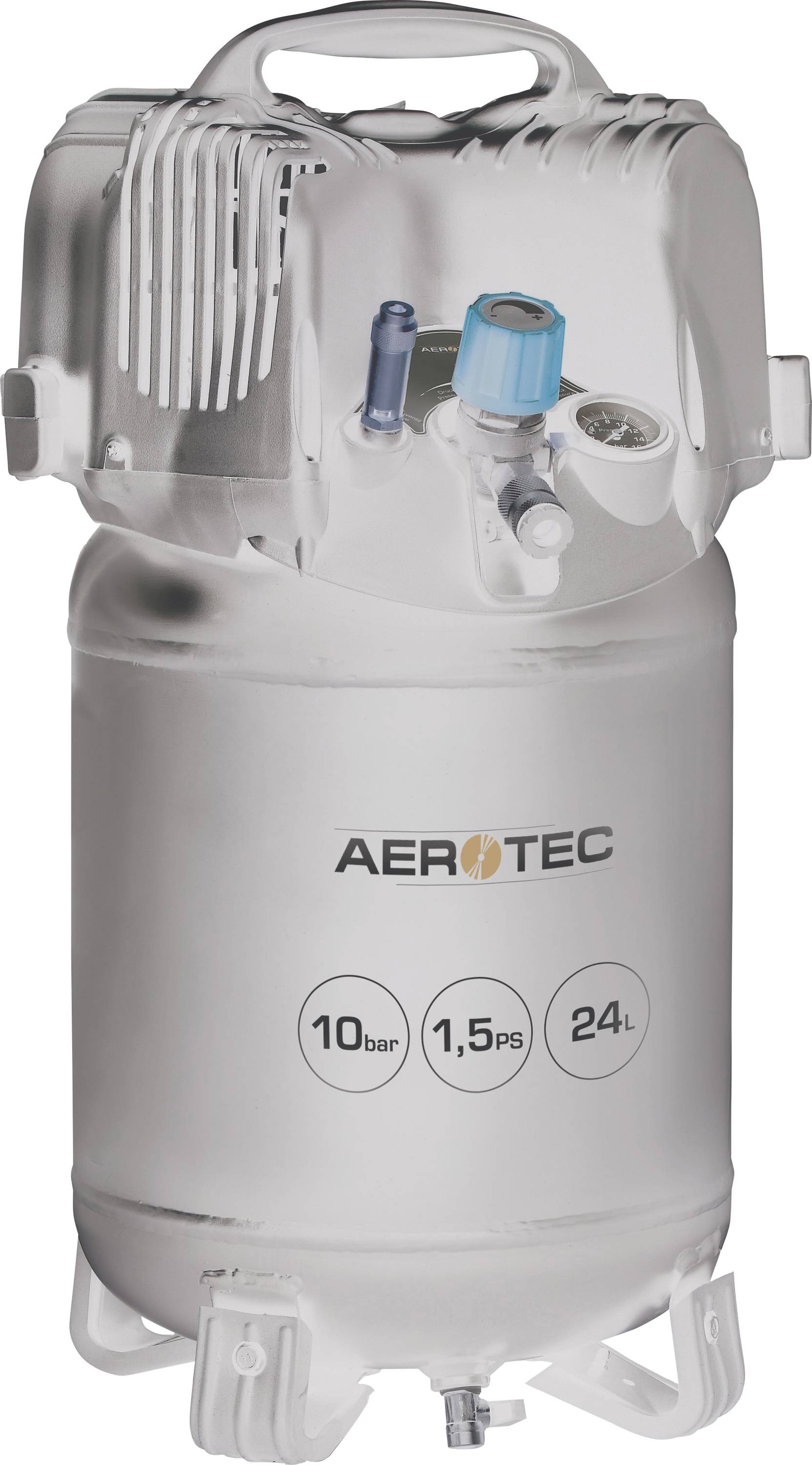 Vertikálny kompresor od 'Aerotec' s 24-litrovým zásobníkom, s tlakom až do 10 barov. Vybavený rukoväťou na prenášanie a manometrom.