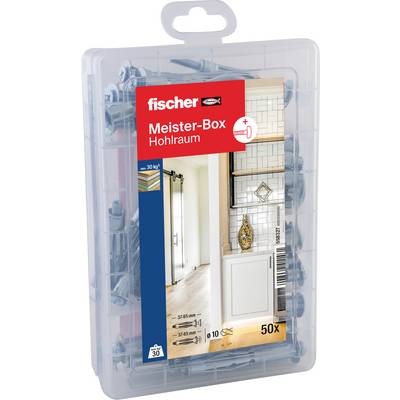 Transparentný Fischer Meister-Box hardvérový set s rôznymi skrutkami a hmoždinkami, označený "Meister-Box Hohlraum" na inštaláciu do dutých stien, 50 kusov.