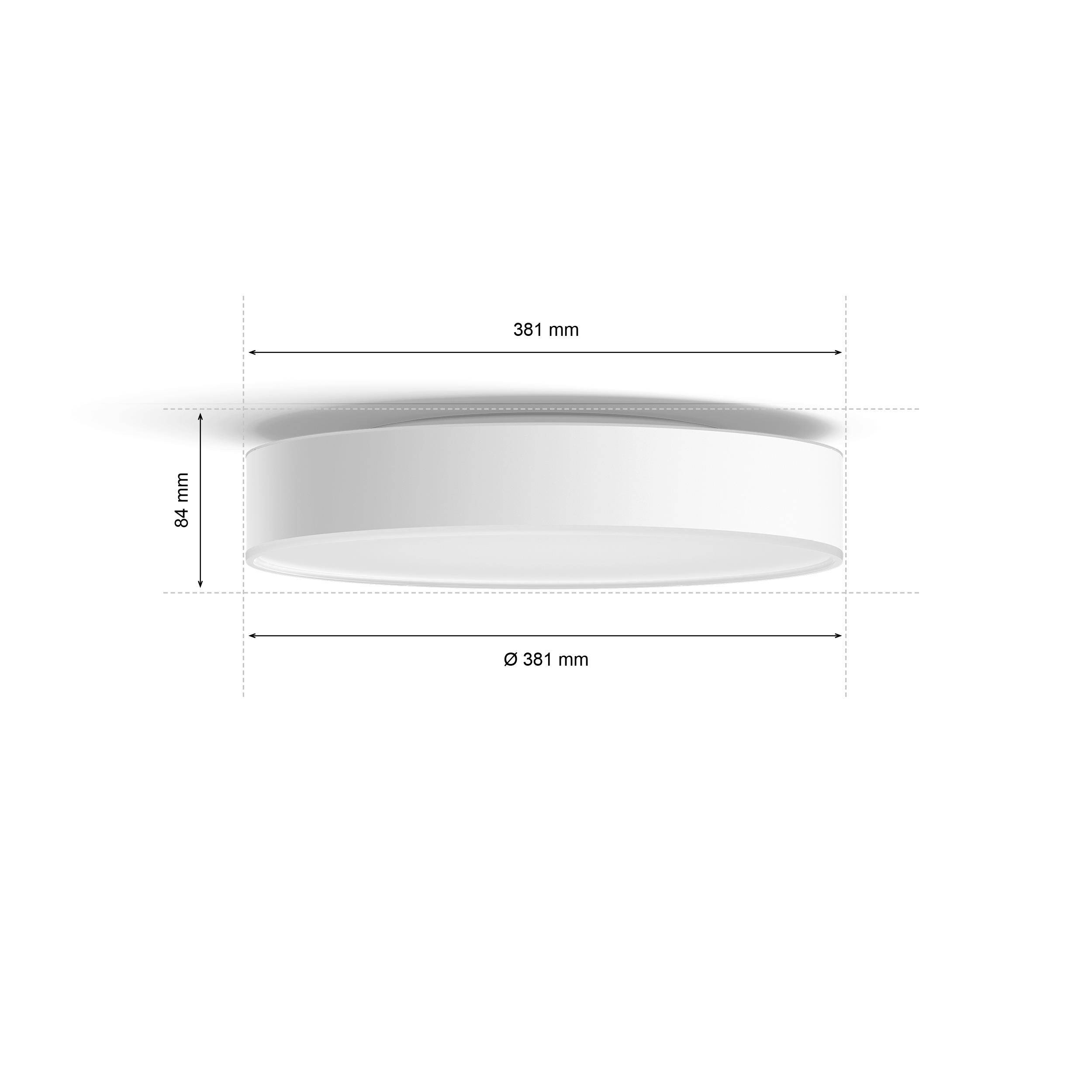 Guľovitý predmet s rozmermi 381 mm priemer a 84 mm výška. Pohľad zobrazuje objekt zhora a z boku.