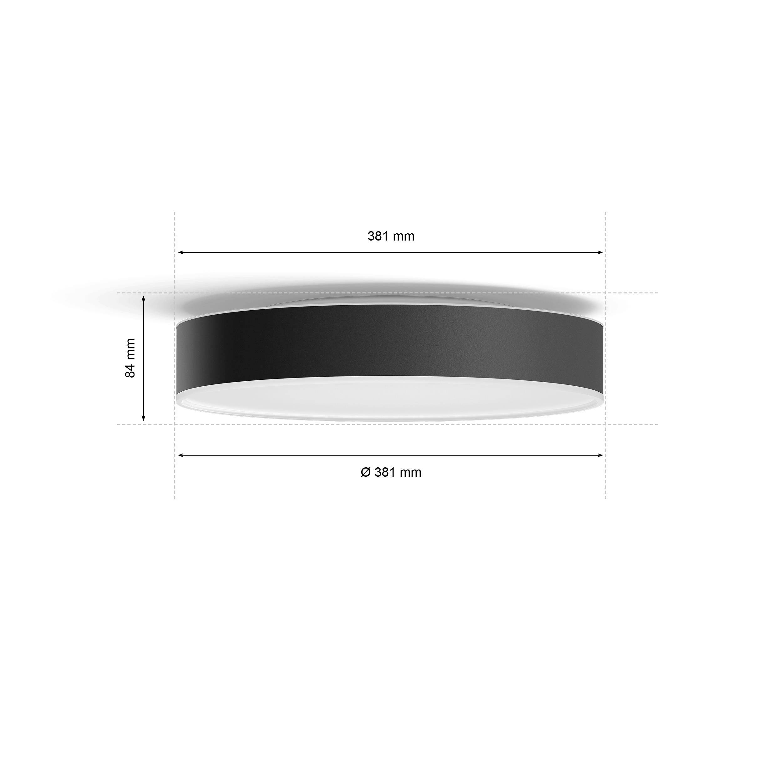 Okruhové stropné svietidlo, čierne, priemer 381 mm, výška 84 mm.