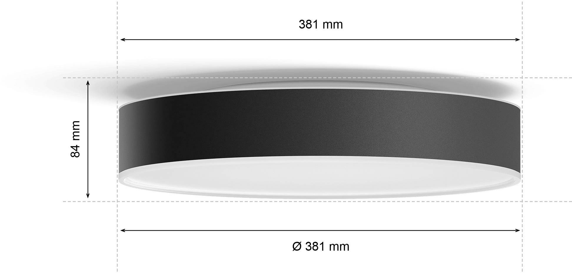 Okrúhle stropné svietidlo s priemerom 381 mm a výškou 84 mm v čierno-bielom prevedení.