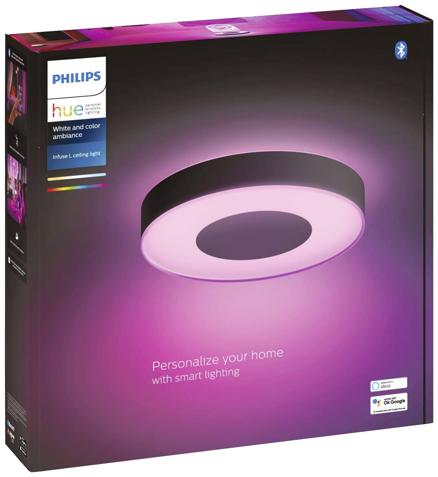 Produktová obálka stropnej lampy Philips Hue so ružovým svetlom. Nápis: 'Prispôsobte si svoj domov inteligentným osvetlením'.