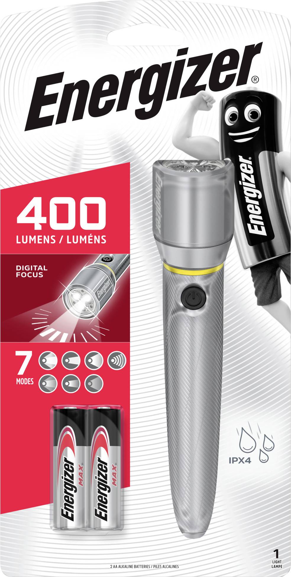 Baterka Energizer s 400 lúmenmi, digitálnym zaostrovaním, siedmimi módmi a ochranou IPX4. Súčasťou balenia sú dve AA batérie.