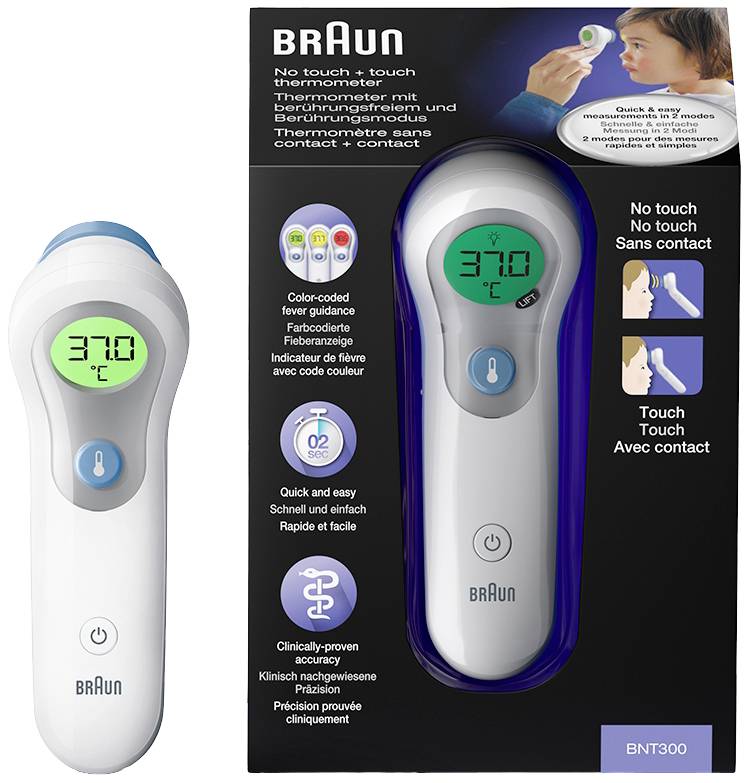 Teplomer Braun No Touch + Touch Teplomer BNT300. Digitálny teplomer ukazuje 37,0°C. Balenie s popisom produktu v niekoľkých jazykoch.