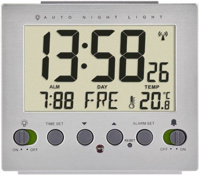 Digitálne hodiny s veľkým displejom; ukazujú 13:58, piatok. Teplota: 20,8°C. Funkcie: budík, kalendár, nočné svetlo.