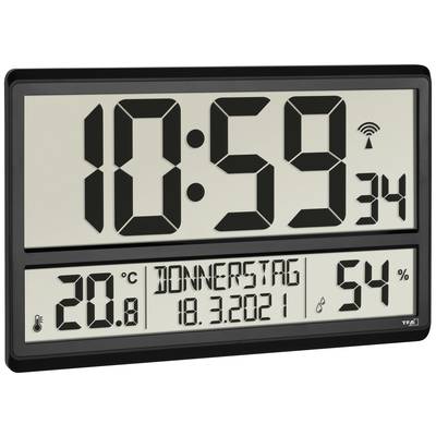 Digitálne nástenné hodiny ukazujú '10:59', dátum '18.3.2021', deň 'štvrtok', teplota '20,8°C' a vlhkosť vzduchu '54%'.