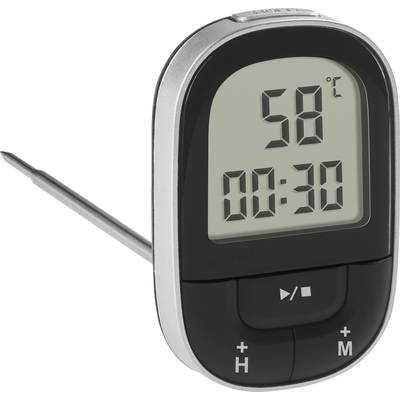 Digitálny kuchynský teplomer ukazuje 58 stupňov Celzia a 00:30 na displeji.