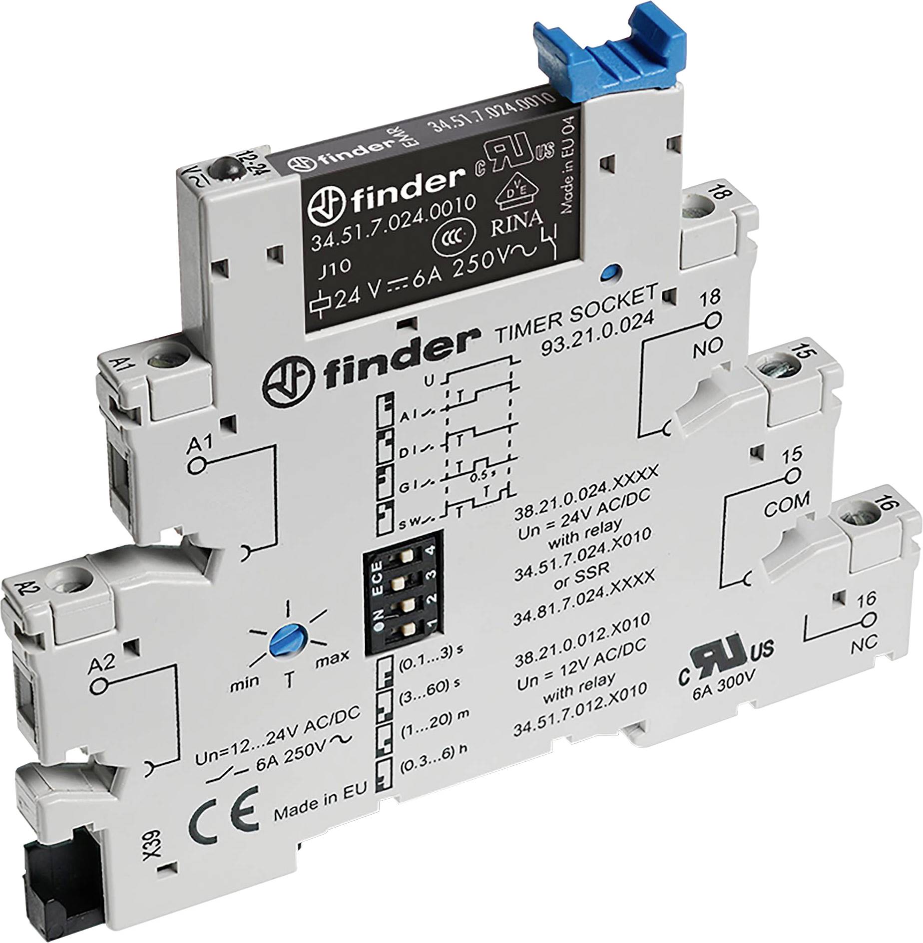 Finder 38.21.0.024.0060 38.21.0.024.0060 Tijdrelais 24 V DC/AC 1 stuk(s) Tijdsduur: 0.1 - 21600 s 1x wisselcontact afbeelding