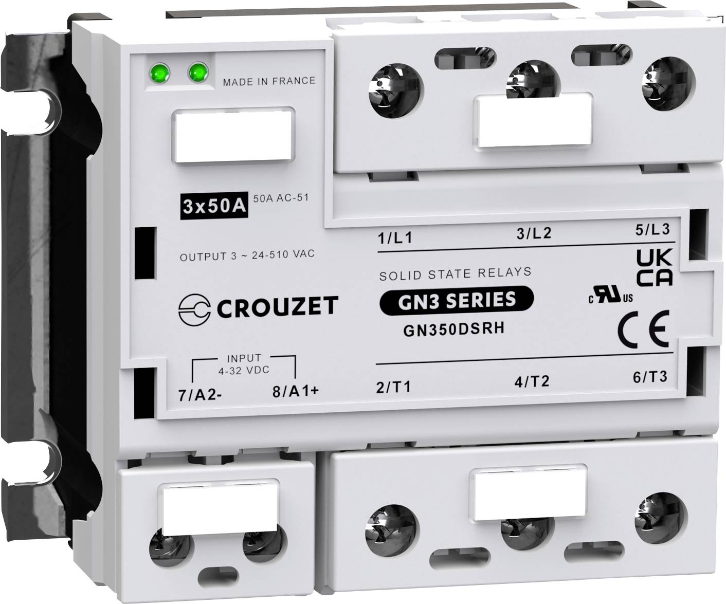 Elektrické polovodičové relé Crouzet, model GN3 Series. Pohľad spredu zobrazuje technické špecifikácie a pripojenia.