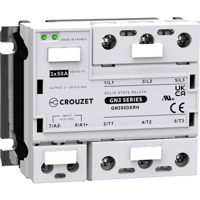 Elektrické polovodičové relé Crouzet, model GN3 Series. Pohľad spredu zobrazuje technické špecifikácie a pripojenia.