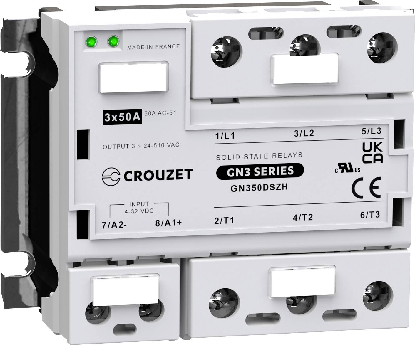 Priemyselné relé od Crouzet, model GN3 Series, biele puzdro, štítok 'Made in France', AC 51, 3x50A, viditeľné rôzne pripojenia.