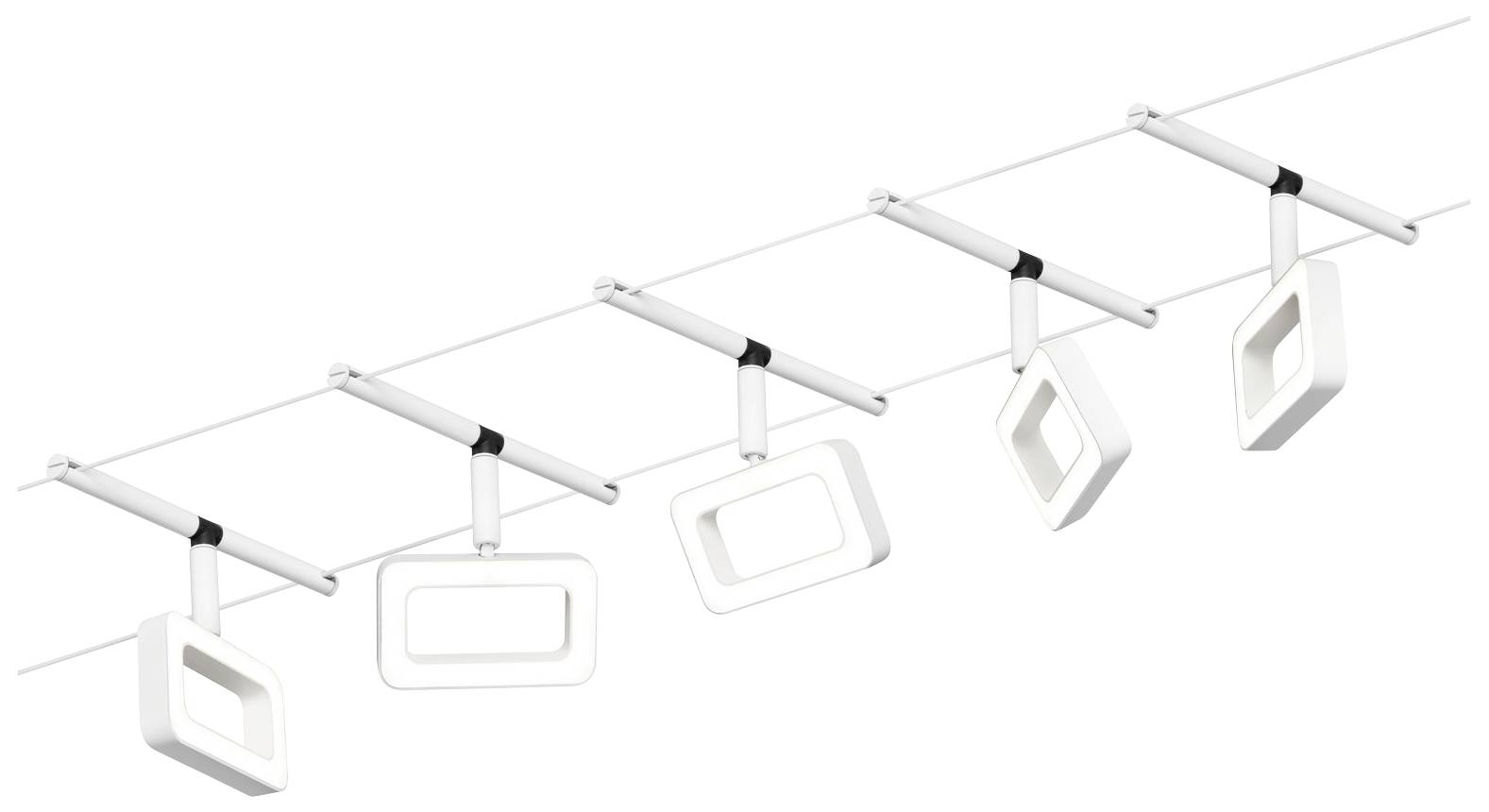 Biela, moderná stropná lampa so štyrmi obdĺžnikovými svetlami upevnenými na priamej lište v elegantnom usporiadaní.