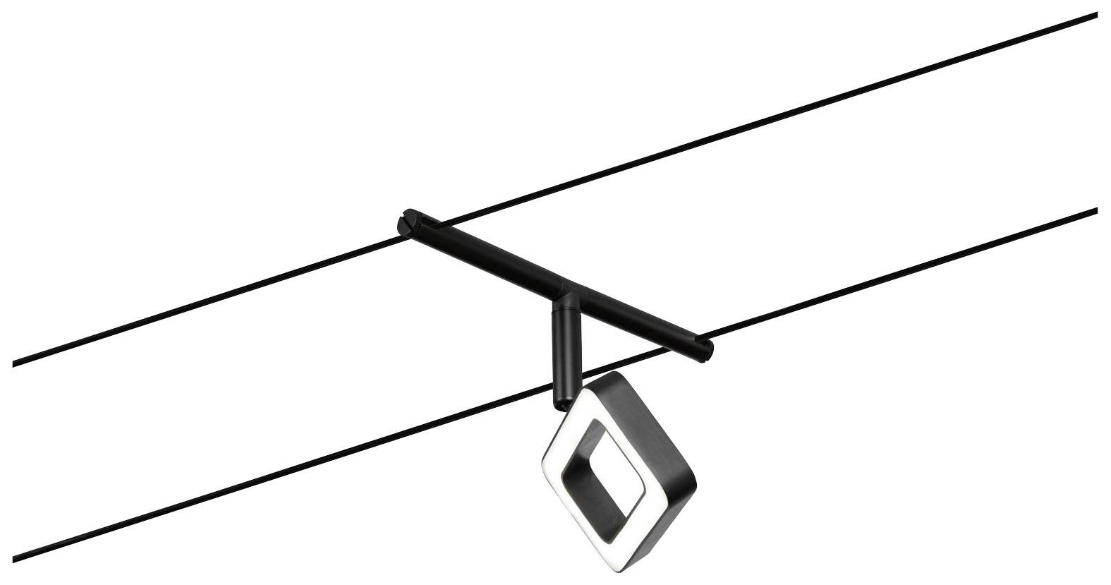 Čierny koľajnicový systém so štvorcovým, strieborným tienidlom, namontovaný medzi dvoma paralelnými drôtmi.
