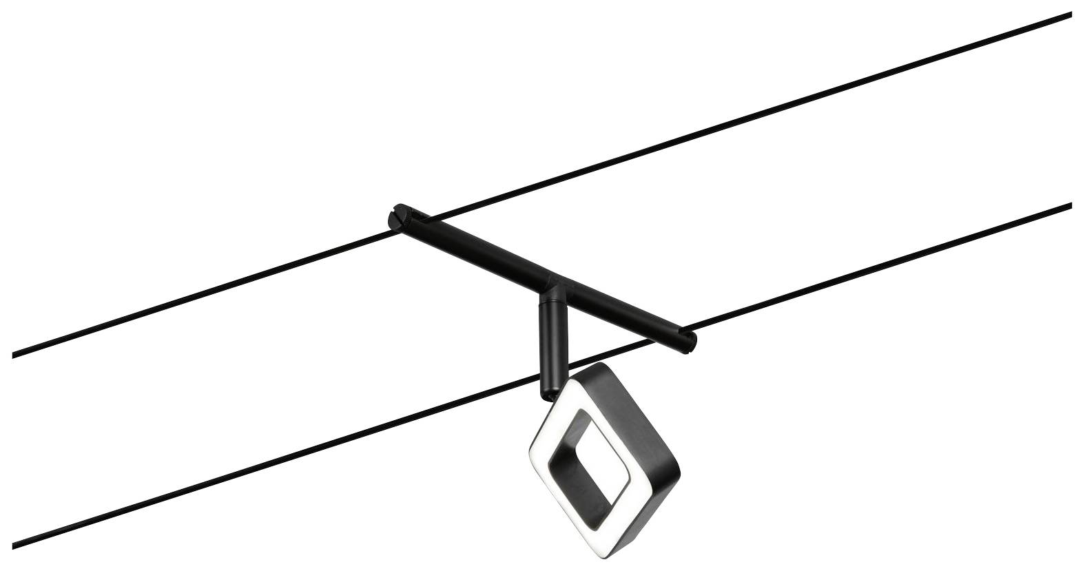 Čierna koľajnicová sústava so štvorcovým svietidlom v modernom dizajne. Svietidlo visí na priečnej konzole medzi dvoma líniami.